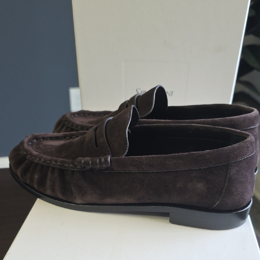 Saint Laurent Brown Suede Penny Loafers with Gold YSL Accent - Picture 5 of 13